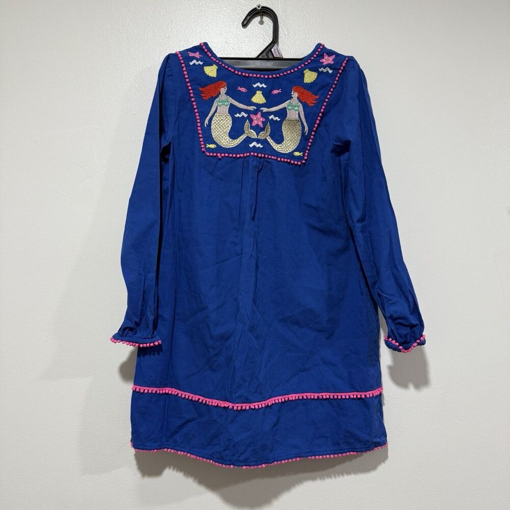 Mini Blue Royal Blue Embroidered Sea World Mermaid Tunic Dress Girls Size 8-9
